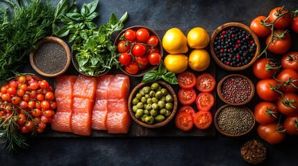 Fresh salmon, tomatoes, and various ingredients creating a colorful mediterranean diet display