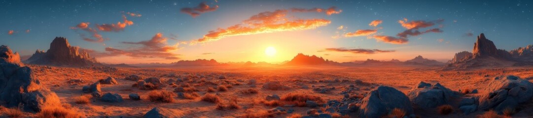 Obraz premium Breathtaking Desert Sunset Landscape with Rocky Terrain. Generative AI