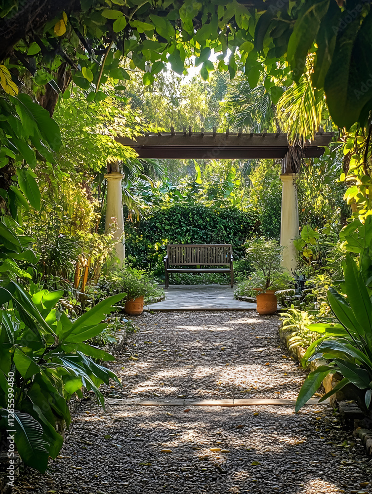 Poster tranquil garden pathway leading to a rustic bench surrounded by lush foliage : generative ai