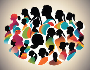 Women and male silhouette profile group from various cultures background.