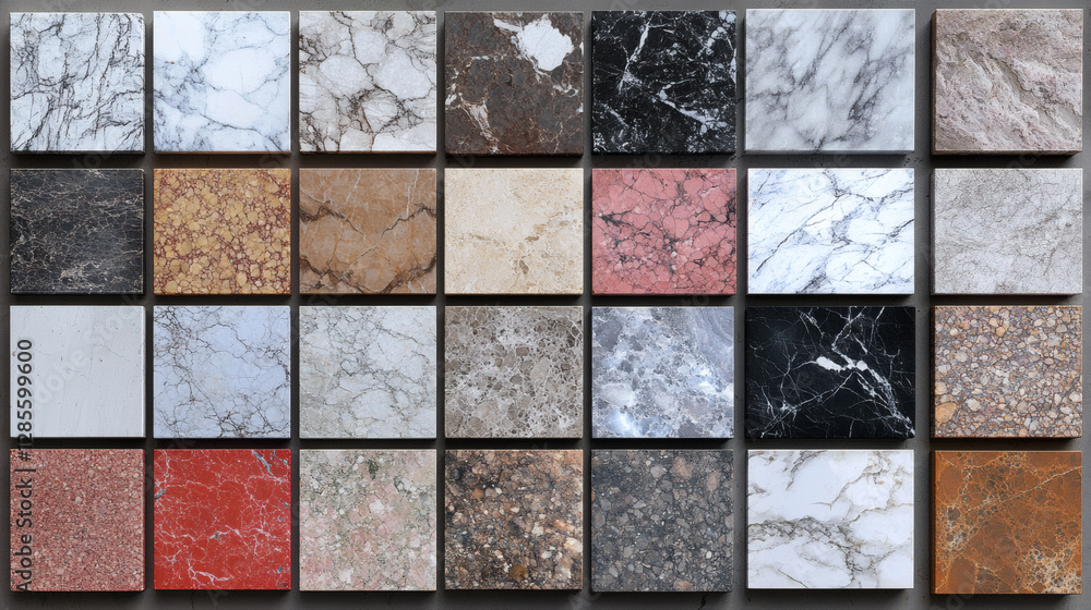 Poster a grid of various marble and stone tiles showcasing diverse colors and patterns, ideal for interior 