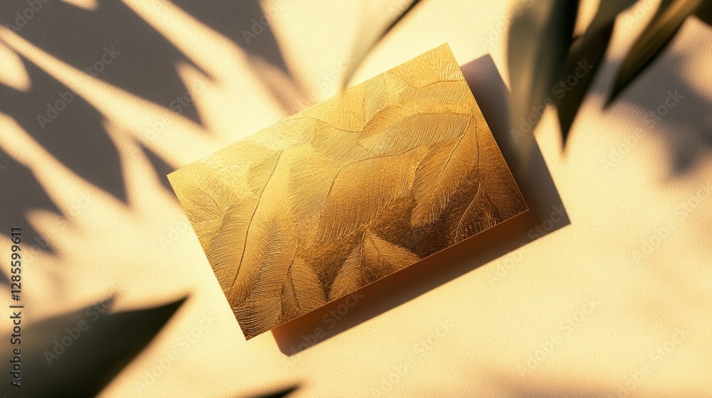 Poster elegant golden card with leaf pattern on soft background surrounded by natural light and shadows