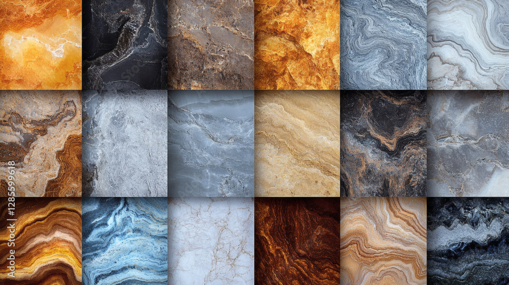 Poster a vibrant collage of marble textures showcasing various colors and patterns, ideal for design inspir