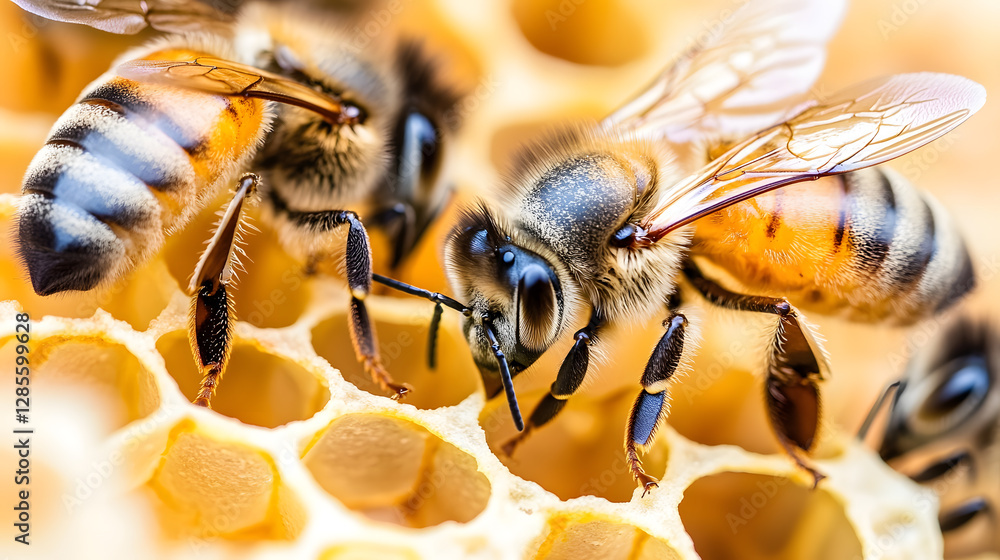 Poster Macro Close-Up of Curious Honeybees on their Intricately Built Honeycomb Structure : Generative AI