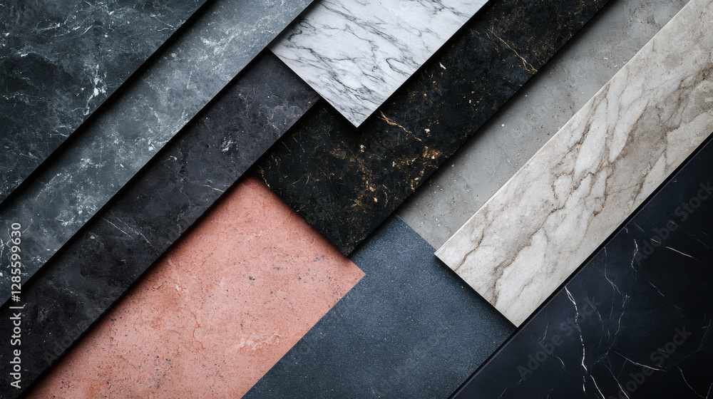 Aufkleber A collection of various marble and stone slabs showcasing different colors and textures, arranged in an artistic pattern