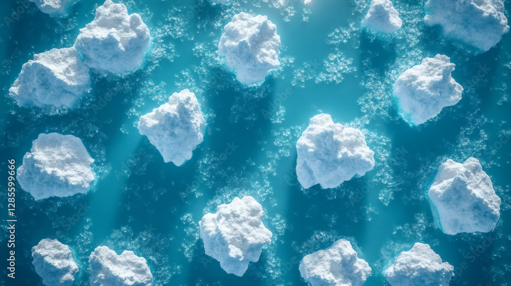 Poster aerial view showcasing icebergs floating in a vibrant blue ocean, with sunlight reflecting off the w