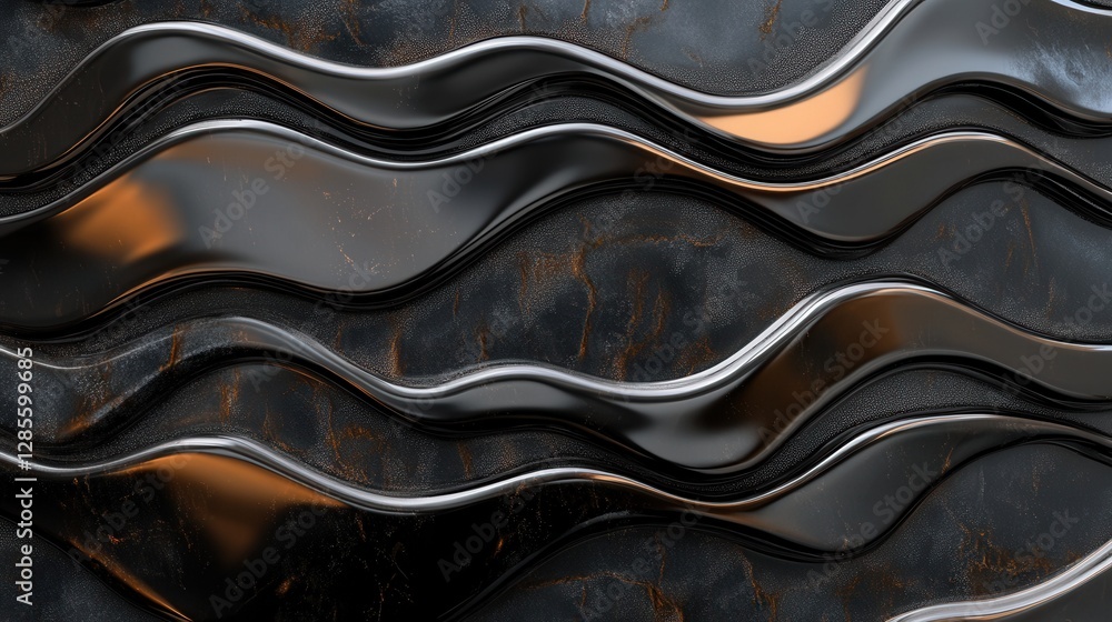 Poster abstract black and gold wavy surface with glossy texture creating dynamic and captivating patterns