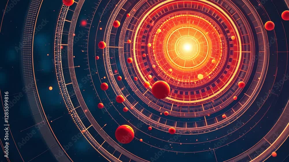 Poster a colorful, abstract design featuring a large blue circle with numerous red spheres scattered around