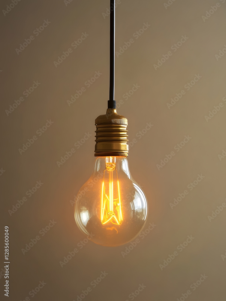 Poster closeup of vintage style light bulb glowing against plain background : generative ai