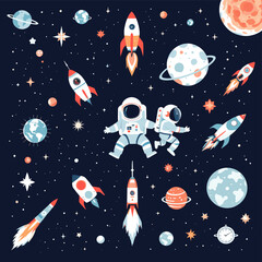 a space theme with a central illustration of two astronauts floating in space, surrounded by various planets, stars, and rockets.