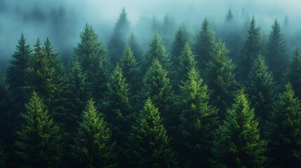 Fog rolling over evergreen trees in lush green forest
