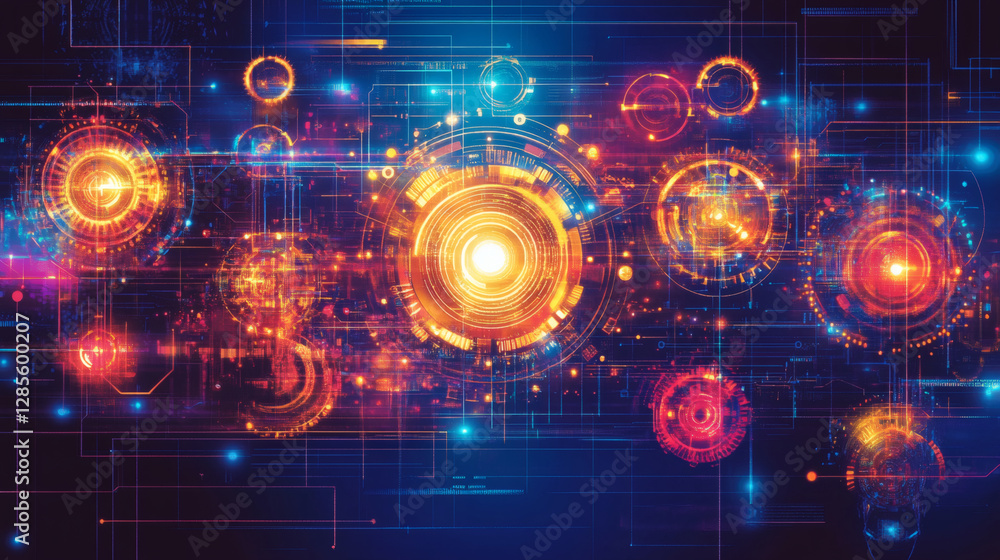 Poster a vibrant digital design featuring glowing orbs and lines, embodying a futuristic and abstract theme