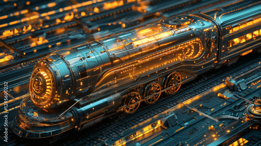 Poster a futuristic train with glowing elements, set against a backdrop of intricate metallic tracks, blend