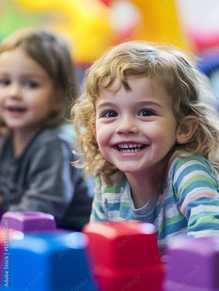 Aufkleber adorable smiling child playing with colorful blocks in a playful learning environment : generative a