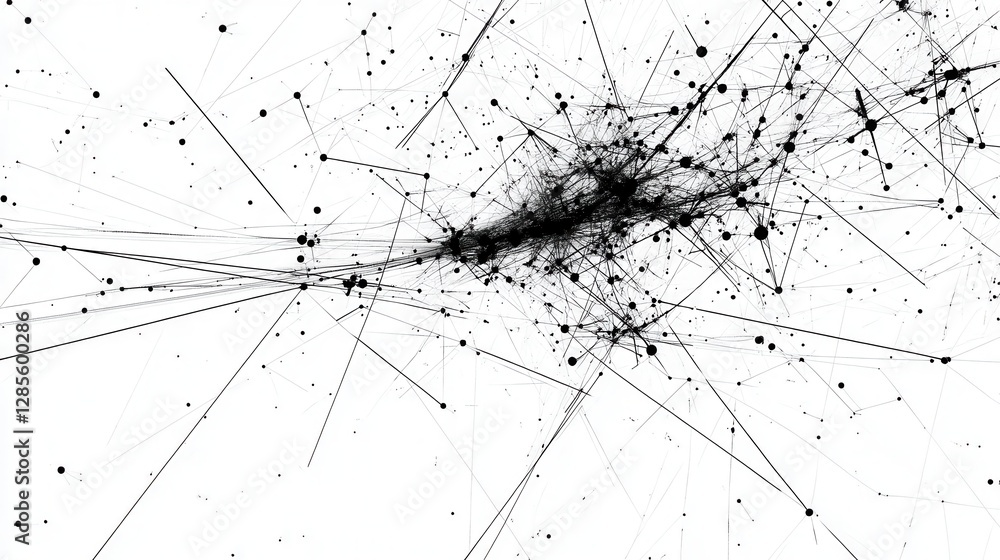 Poster abstract network visualization of black lines and dots on white background in artistic style