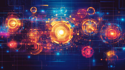 A vibrant digital design featuring glowing orbs and lines, embodying a futuristic and abstract theme, reminiscent of technology and space
