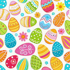 Colorful Easter eggs and flowers seamless pattern.