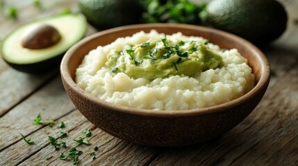 Wooden bowl of cauliflower mash with avocado topping on rustic wood table
