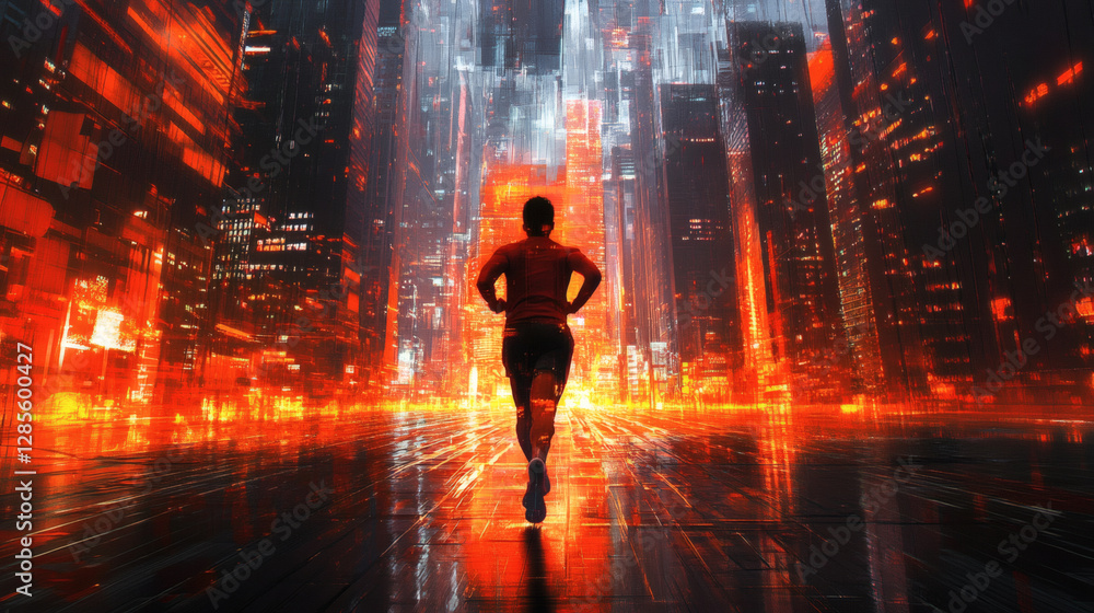 Aufkleber a figure runs through a vibrant, futuristic cityscape illuminated by orange and red lights, creating