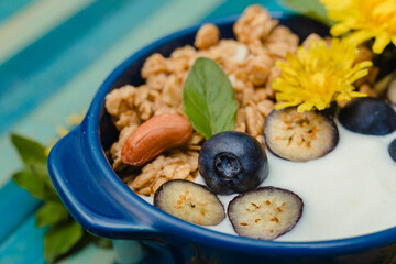 Healthy breakfast: crunchy granola, fresh juicy blueberries and smooth yogurt in a blue plate close-up