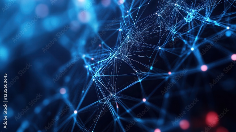 Poster abstract technology background with connecting network lines and dots in blue and red colors