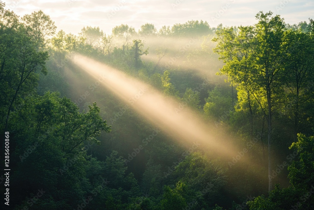 Poster sunlight breaks through trees, illuminating misty forest with se
