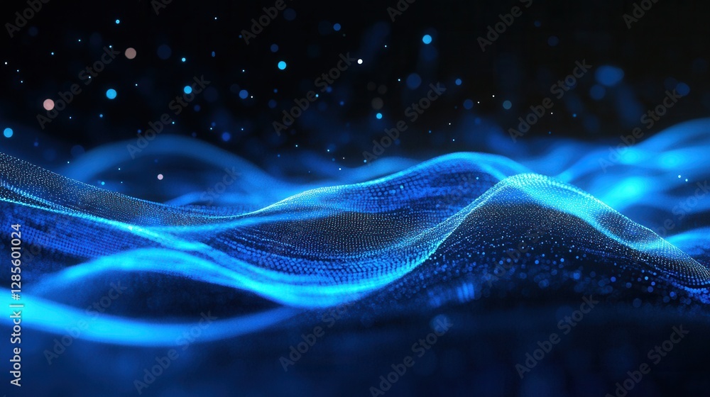 Poster abstract blue wave background with glowing particles and soft light effects for design projects