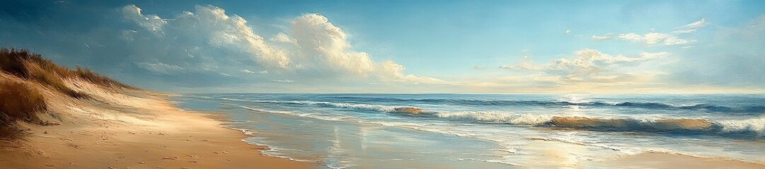Obraz premium Warm beach scene with golden sand and ocean waves. Generative AI