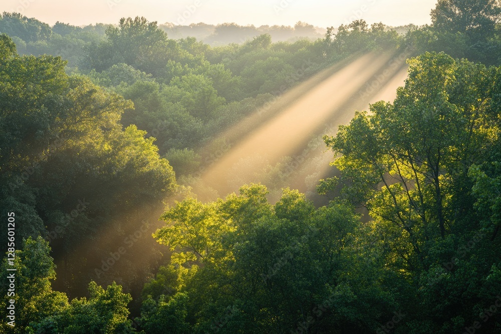 Poster sunlight streams through lush greenery, creating serene and ench