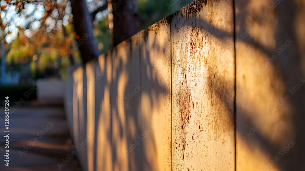 Aufkleber Golden Hour Shadows on Textured Wall with Autumn Leaves Vignette : Generative AI