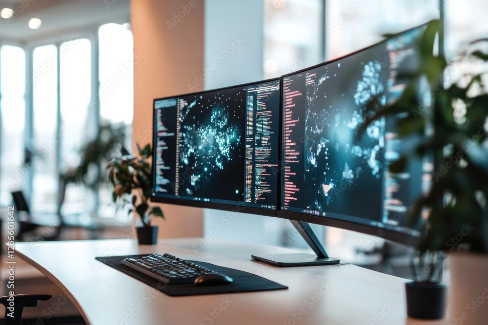 Poster sleek workspace featuring multiple monitors displaying vibrant d