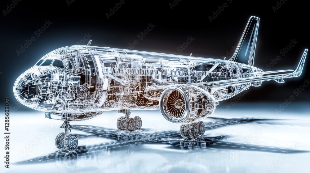 Poster a highly detailed transparent 3d rendering of a sleek futuristic aircraft with an intricate complex 