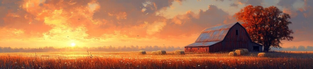 Golden Hour Over Countryside Barn with Hay Bales and Trees. Generative AI