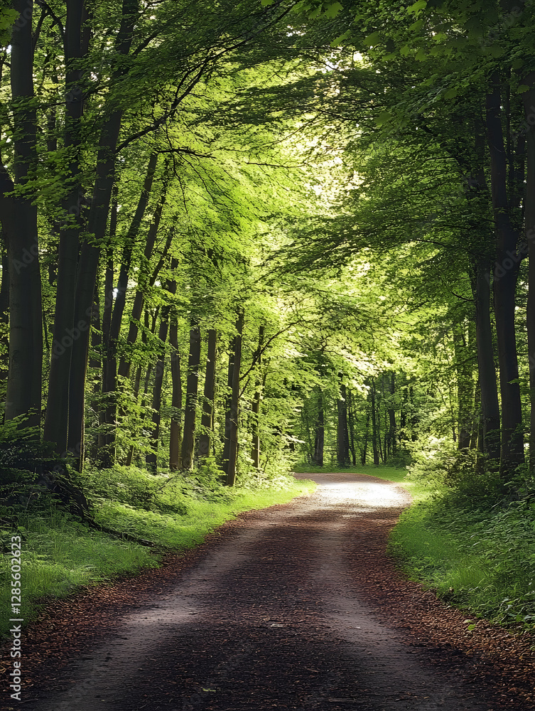 Poster serene sunlit forest pathway surrounded by lush green trees and foliage : generative ai