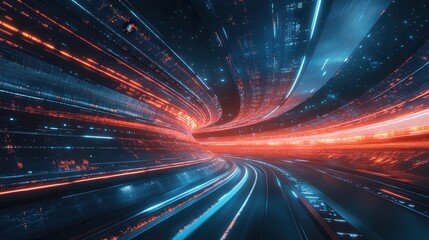 Obraz premium Futuristic Digital Tunnel with Glowing Lights and Abstract Motion Effects in Dark Background