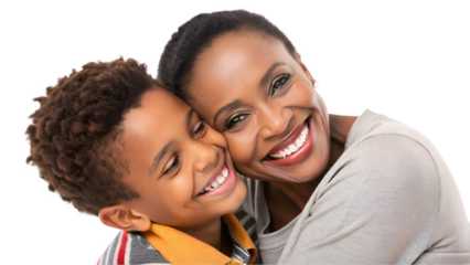 Relationship concept portrait Smiling mother hugging with her son Mommy little kid son posing together  isolated transparent background 