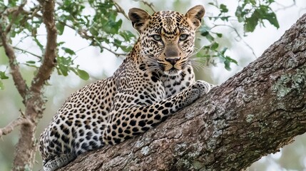 Leopard resting on tree branch african savannah wildlife photography natural habitat close-up animal behavior