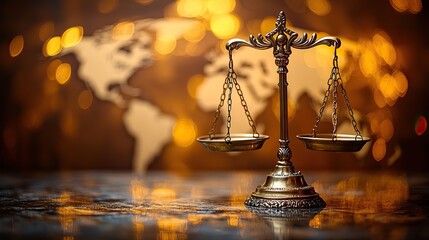 Golden scales of justice are balanced on a world map background, representing international law and fairness.
