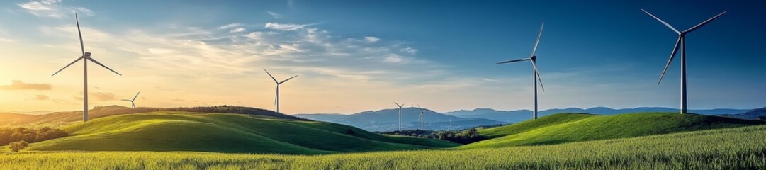 Obraz premium Wind turbines on rolling green hills in a beautiful natural landscape under a bright blue sky. Generative AI