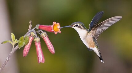 Fototapeta premium Hummingbird feeding on flower tropical garden wildlife photography natural habitat close-up beauty of nature