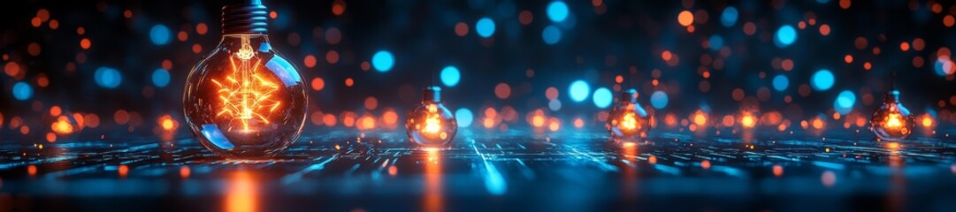 Fototapeta premium Abstract Energy and Electric Light Bulbs Glowing in Futuristic Technology Concept. Generative AI