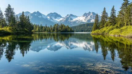 Mountain lake reflection tranquil morning scenery