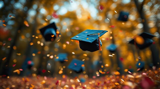 Graduation caps flying up in the air with confetti, marking the joyous occasion with a burst of color and excitement.