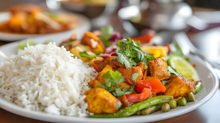 Colorful Indian Cuisine Platter with Rice and Vegetables : Generative AI