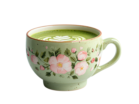 Beautiful Floral Cup of Matcha Latte with Artistic Foam Design on Surface