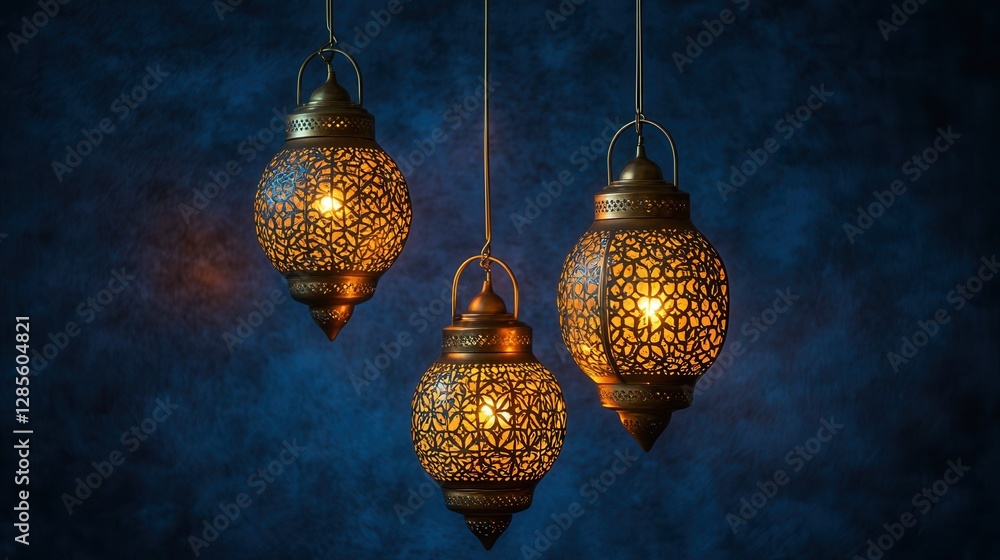 Poster elegant hanging lanterns with intricate patterns illuminating a blue background