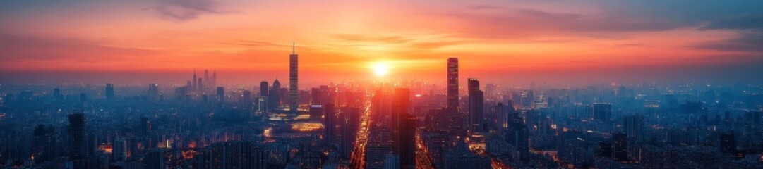 Fototapeta premium A vibrant city skyline at sunset featuring glowing city lights and tall skyscrapers across the horizon. Generative AI