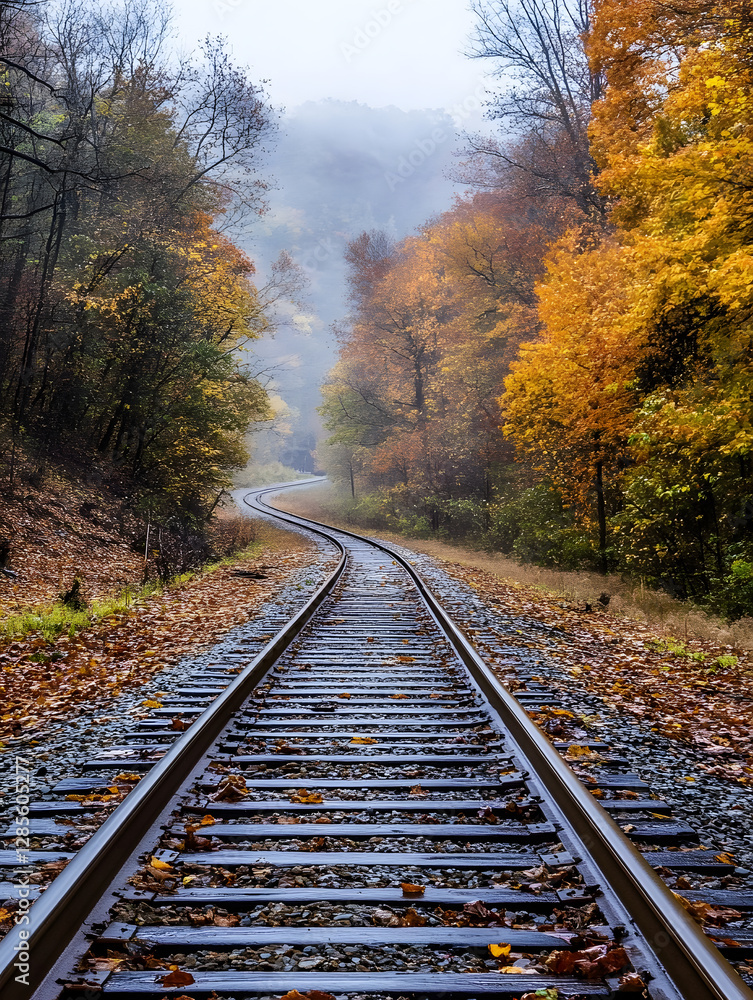 Poster scenic autumn railway in misty forest with vibrant fall foliage and curving train tracks : generativ