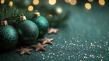 Fototapeta premium Green Christmas tree balls, small glowing stars, and golden sequins are placed on a green background with copyspace.