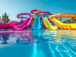A waterpark with vibrant colorful slides